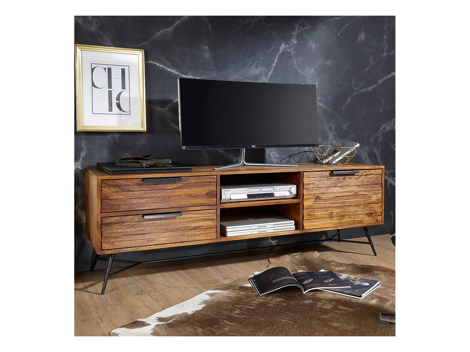 Meuble TV 160 cm Lowboard Tiroirs Commode TV Bois Massif avec Porte