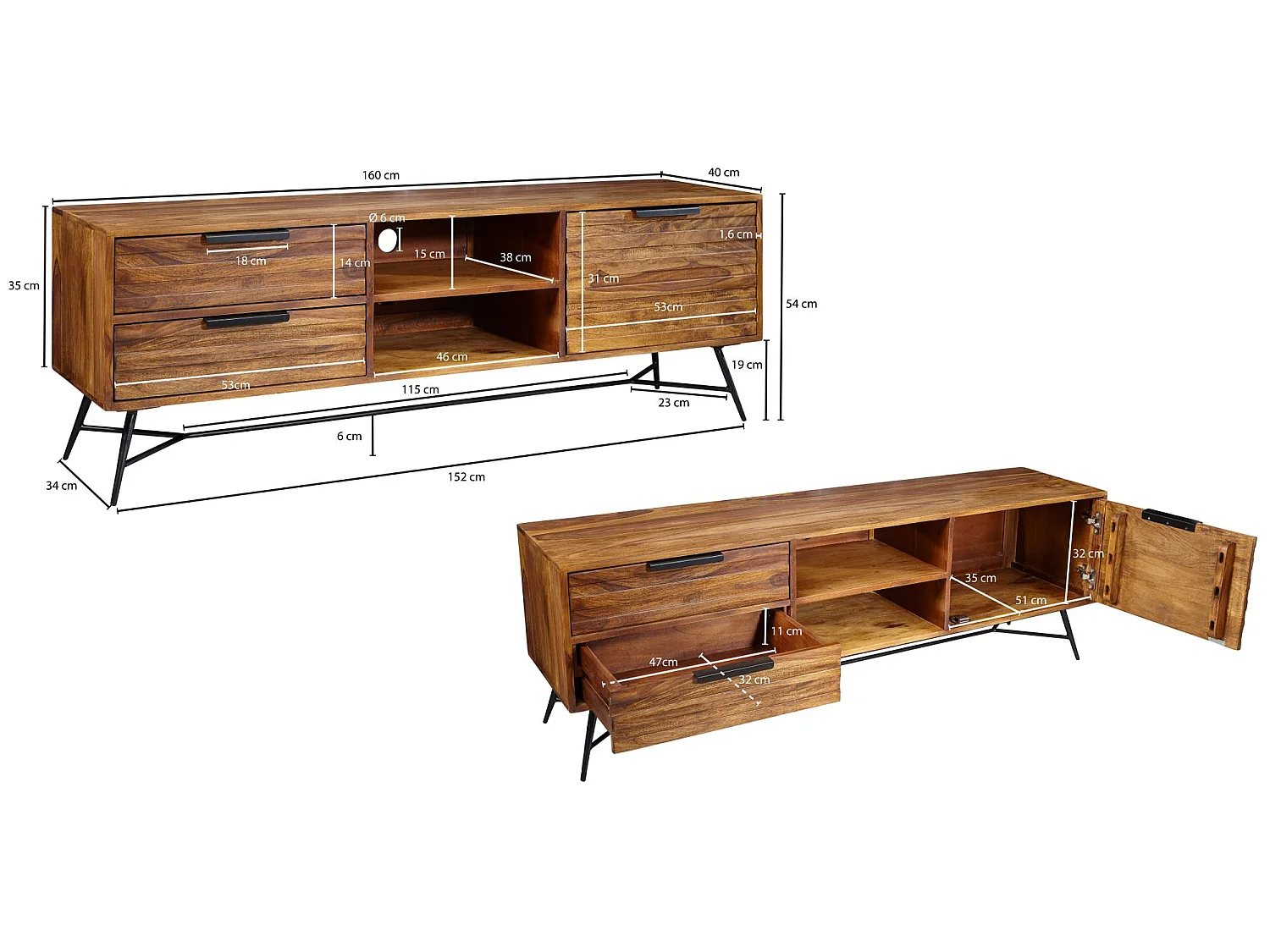 Meuble TV 160 cm Lowboard Tiroirs Commode TV Bois Massif avec Porte