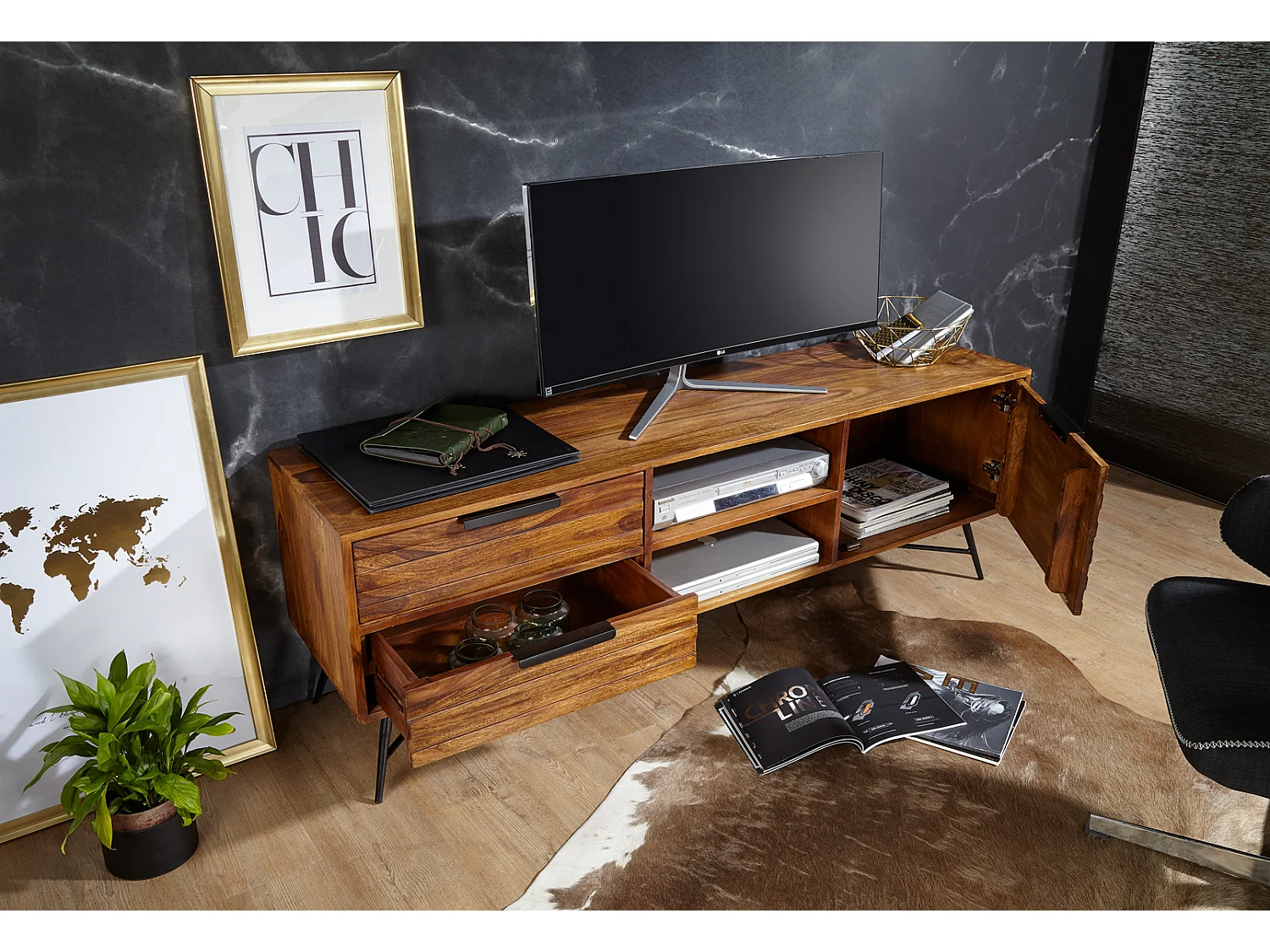 Meuble TV 160 cm Lowboard Tiroirs Commode TV Bois Massif avec Porte