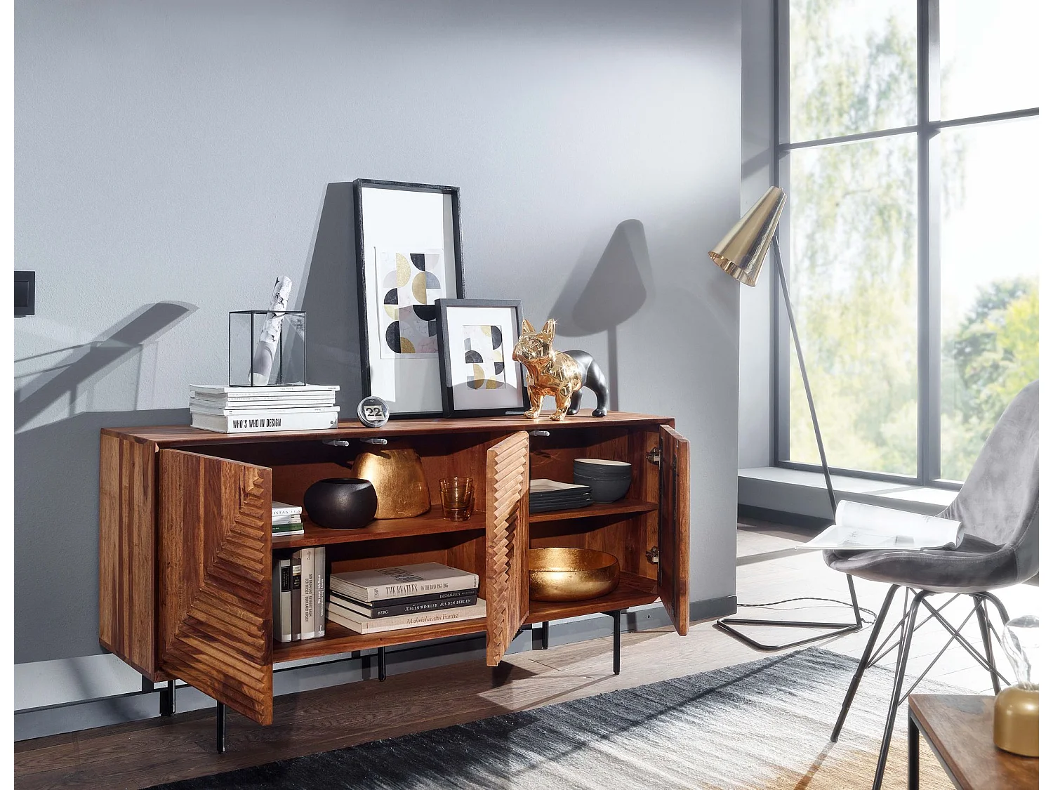 Buffet 148 cm Bois Massif Sheesham Commode Portes Armoire Moderne