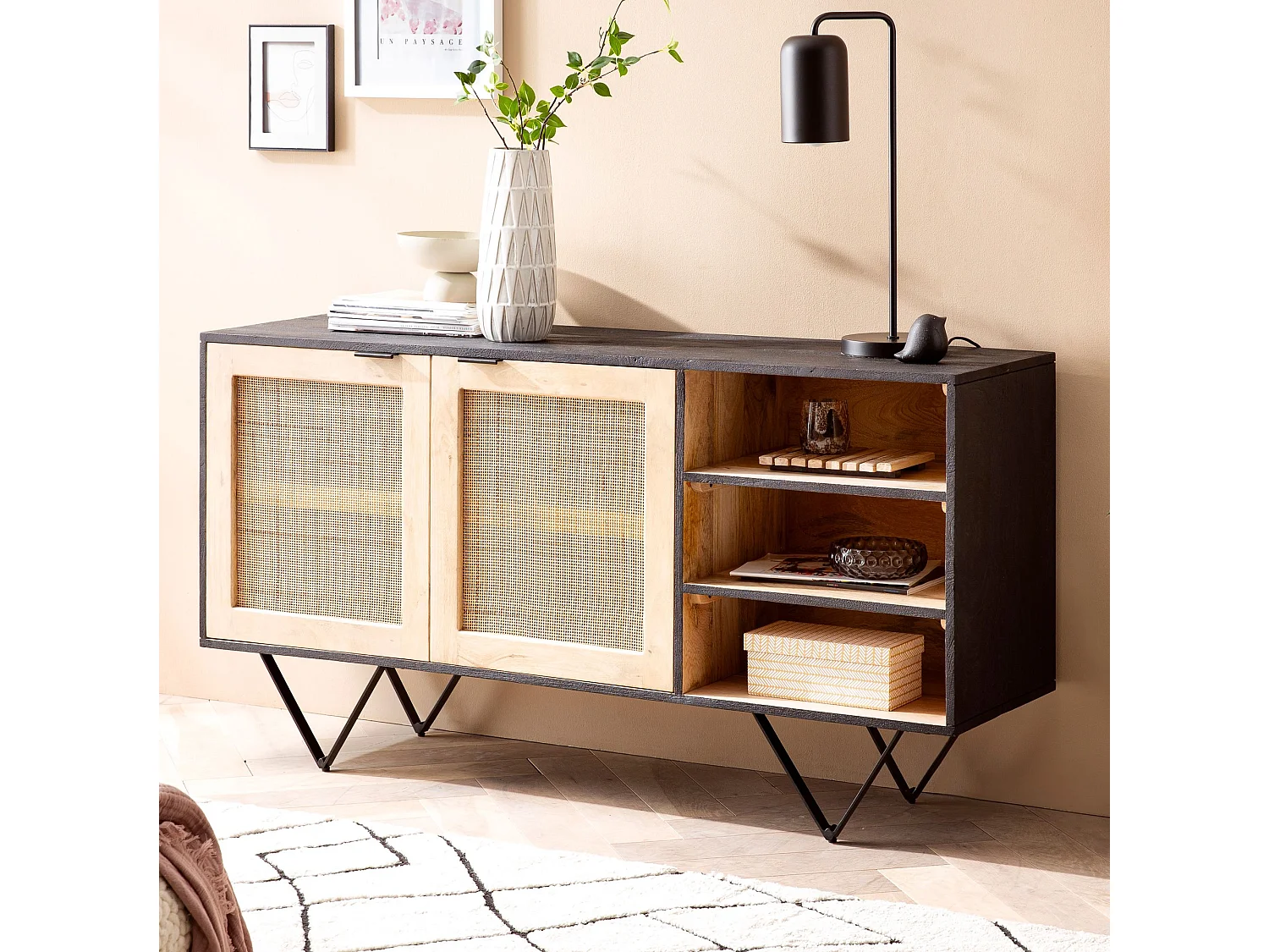 Sideboard  Anrichte 145x75x40 cm Massivholz Rattan Kommodenschrank