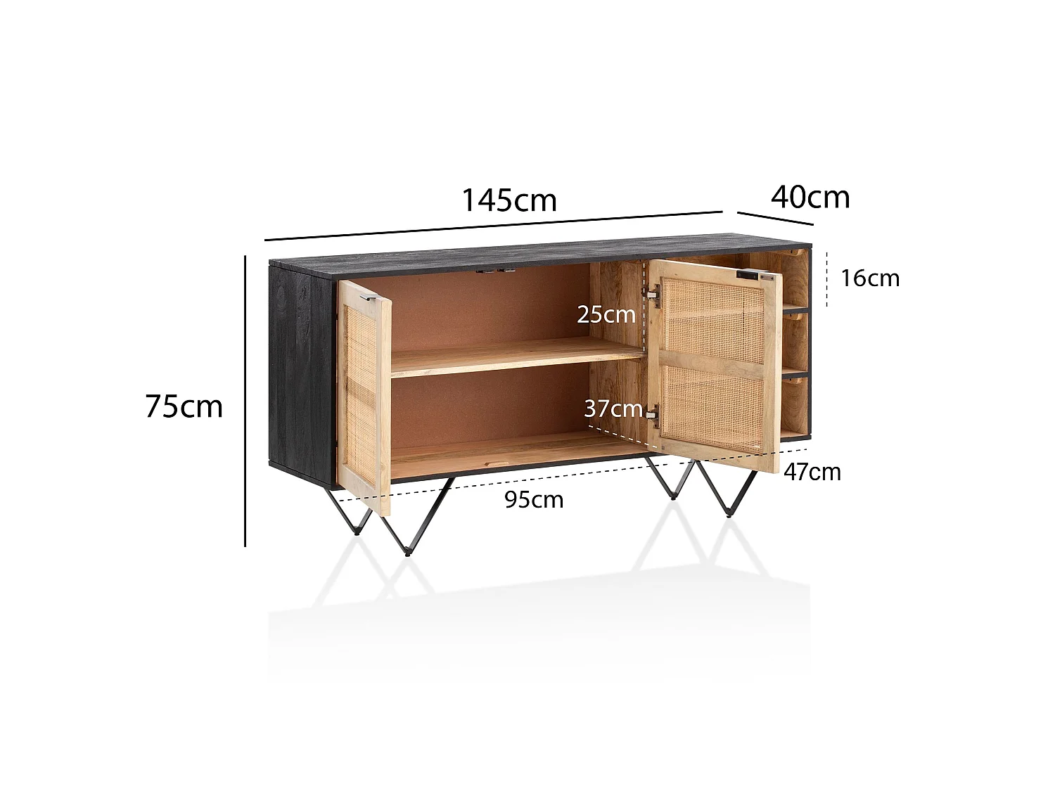 Sideboard  Anrichte 145x75x40 cm Massivholz Rattan Kommodenschrank