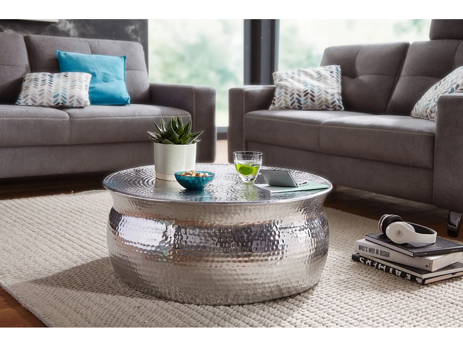 Couchtisch Wohnzimmertisch Sofatisch rund Hammerschlag Loungetisch