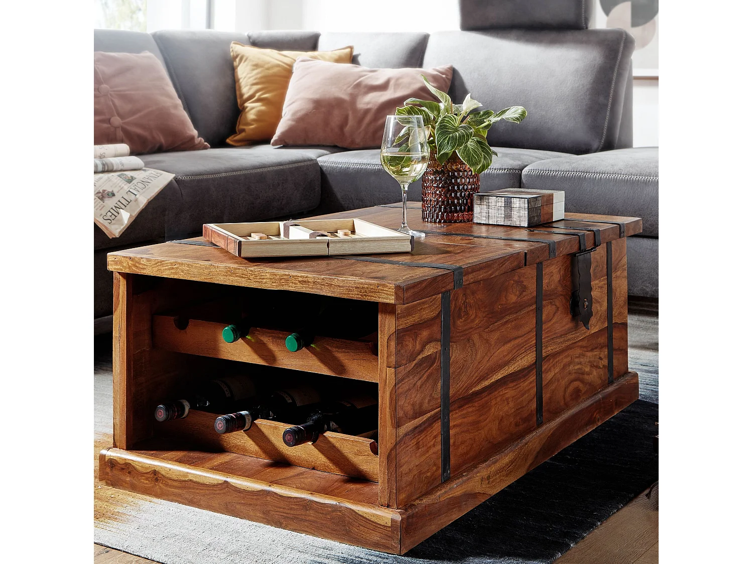 Table Basse de Salon 100 cm Table Coffre avec Porte-Bouteilles Moderne
