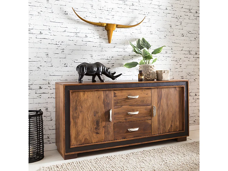 Sideboard Sheesham Massivholz Kunstleder 160cm Kommode Schrank Holz Massiv