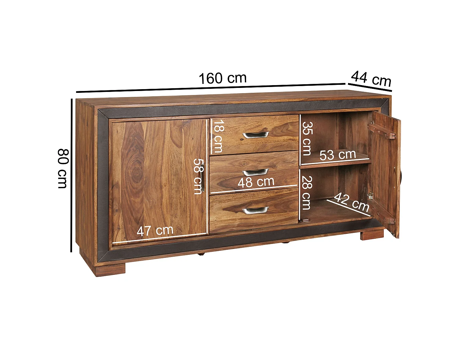 Sideboard Sheesham Massivholz Kunstleder 160cm Kommode Schrank Holz Massiv