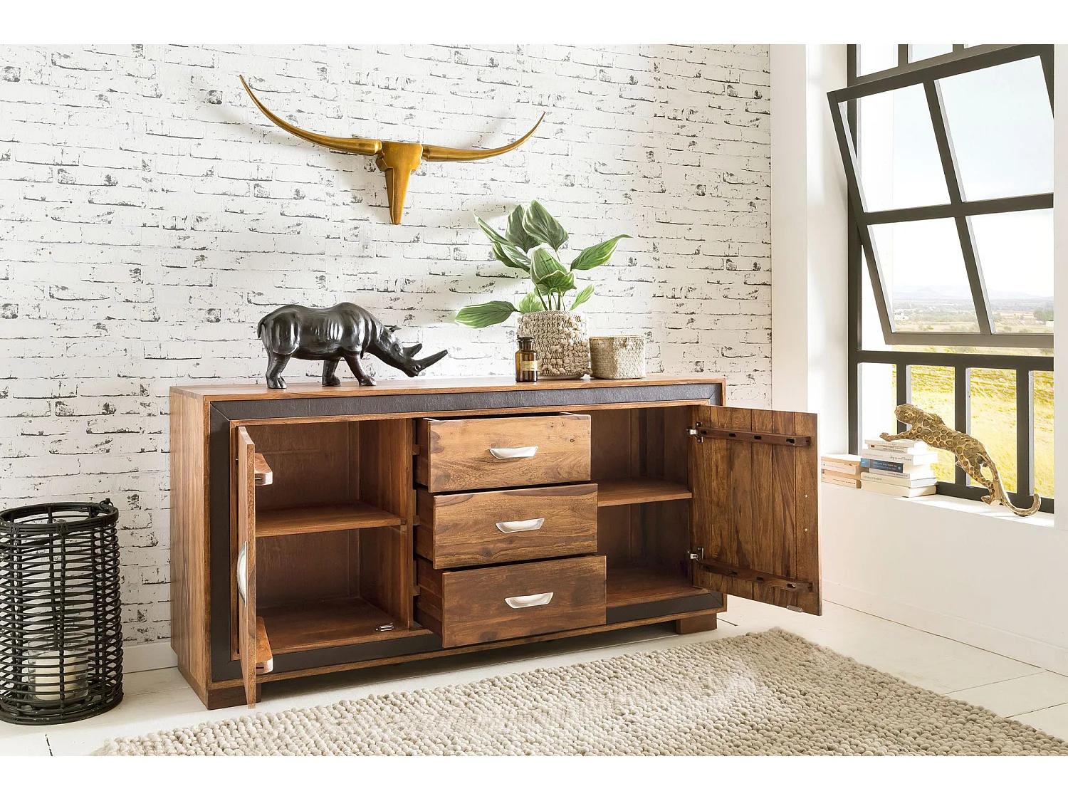 Sideboard Sheesham Massivholz Kunstleder 160cm Kommode Schrank Holz Massiv