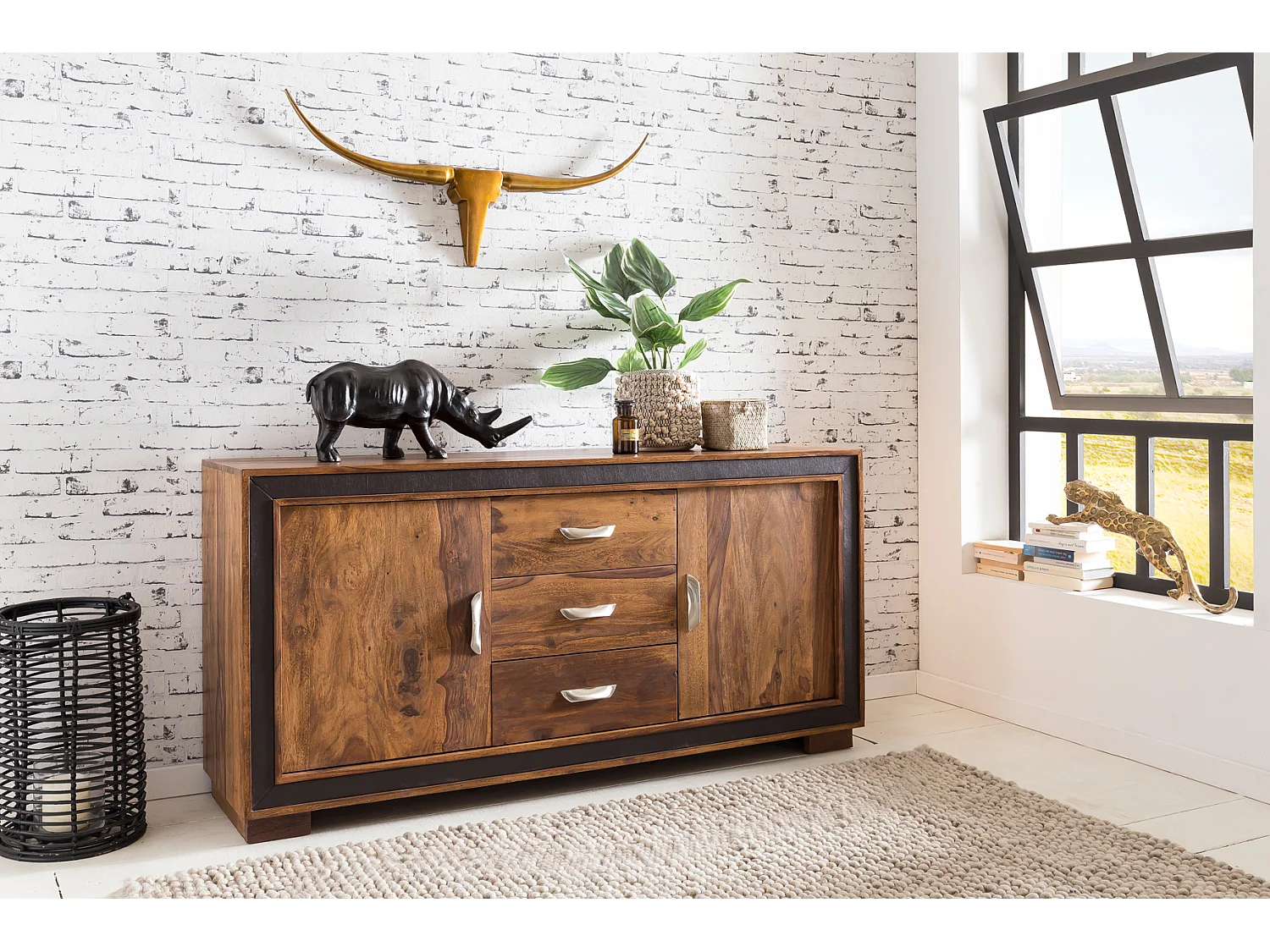 Sideboard Sheesham Massivholz Kunstleder 160cm Kommode Schrank Holz Massiv