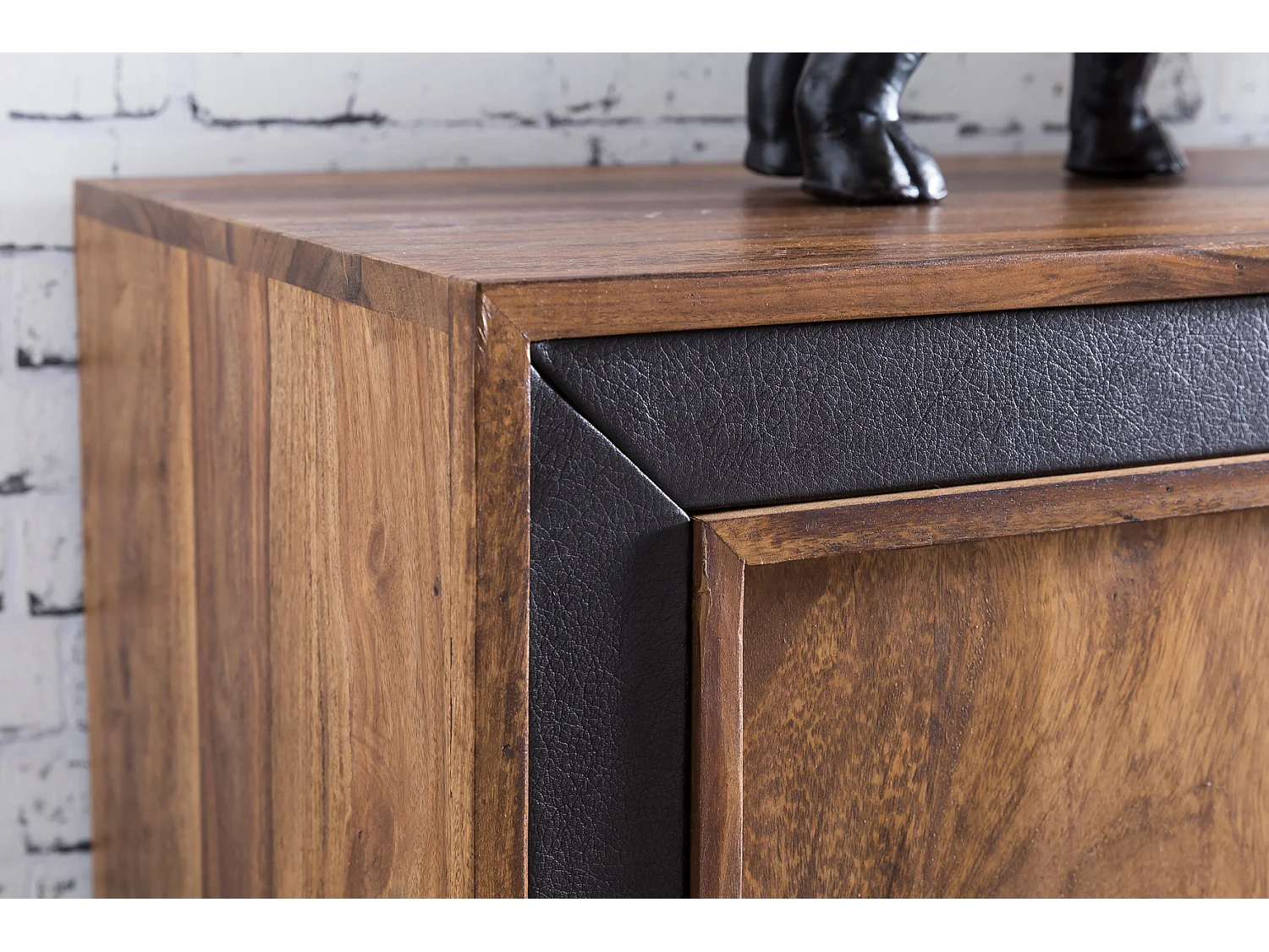 Sideboard Sheesham Massivholz Kunstleder 160cm Kommode Schrank Holz Massiv