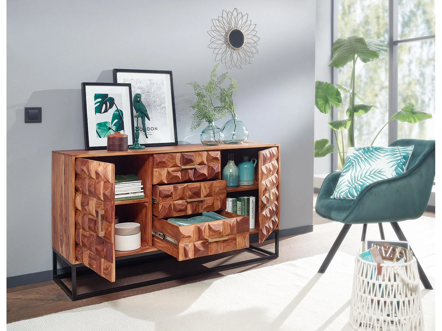 Sideboard  Kommode 145x81x45 cm Holz Massiv Anrichte Modern Standschrank