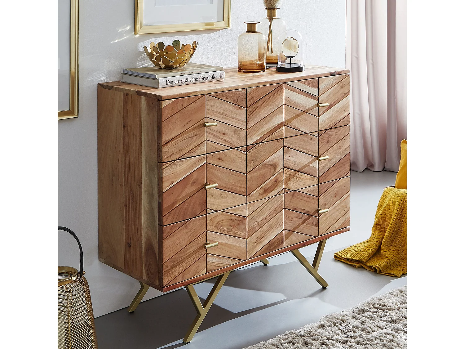 Sideboard 90x86,5x40cm Massivholz / Metall Anrichte Schubladen Kommode