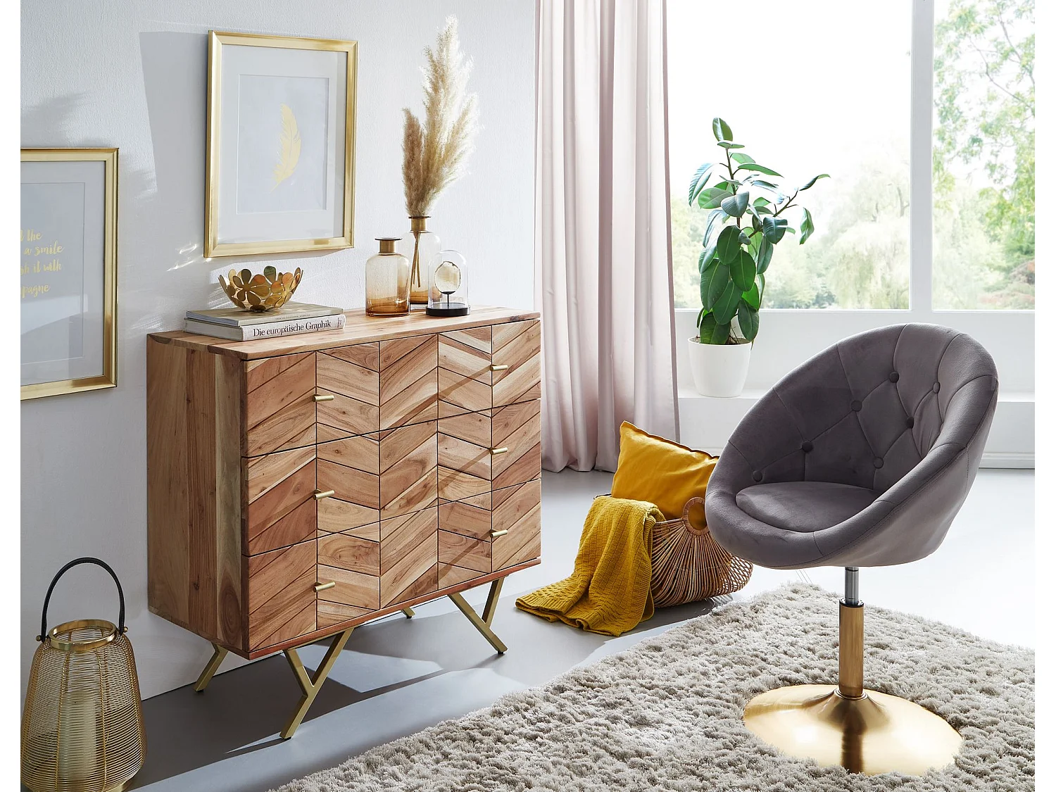 Sideboard 90x86,5x40cm Massivholz / Metall Anrichte Schubladen Kommode