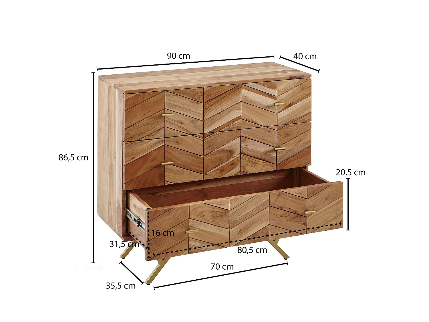 Sideboard 90x86,5x40cm Massivholz / Metall Anrichte Schubladen Kommode