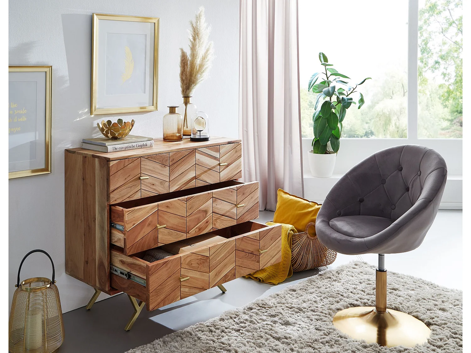 Sideboard 90x86,5x40cm Massivholz / Metall Anrichte Schubladen Kommode