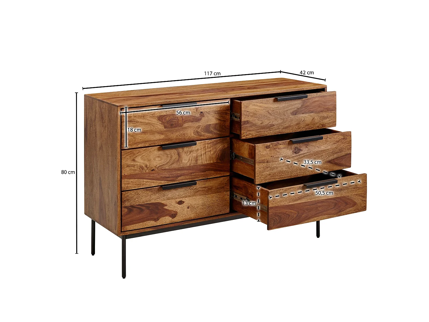 Kommode  Sideboard 117x80x42 cm Holz Massiv Anrichte Schubladenkommode