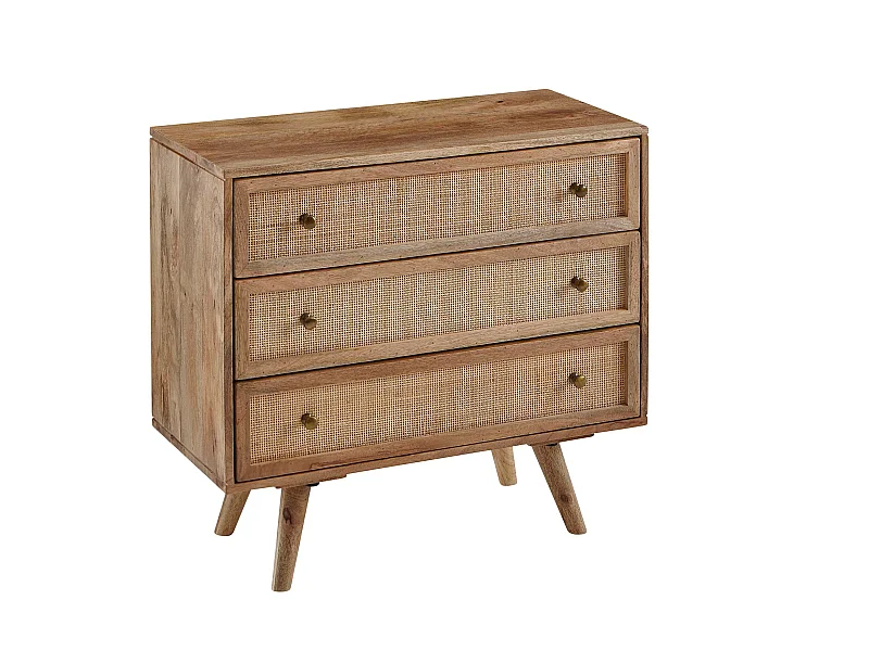 Sideboard 80x75x40 cm Mango Massivholz Rattan Anrichte Kommode 3 Schübe