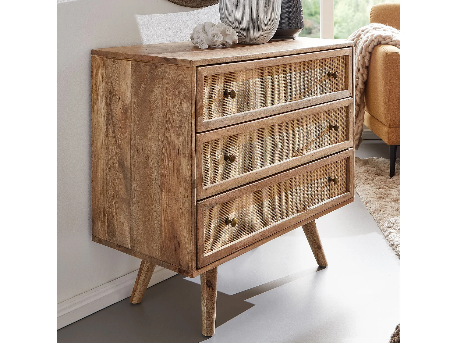 Sideboard 80x75x40 cm Mango Massivholz Rattan Anrichte Kommode 3 Schübe