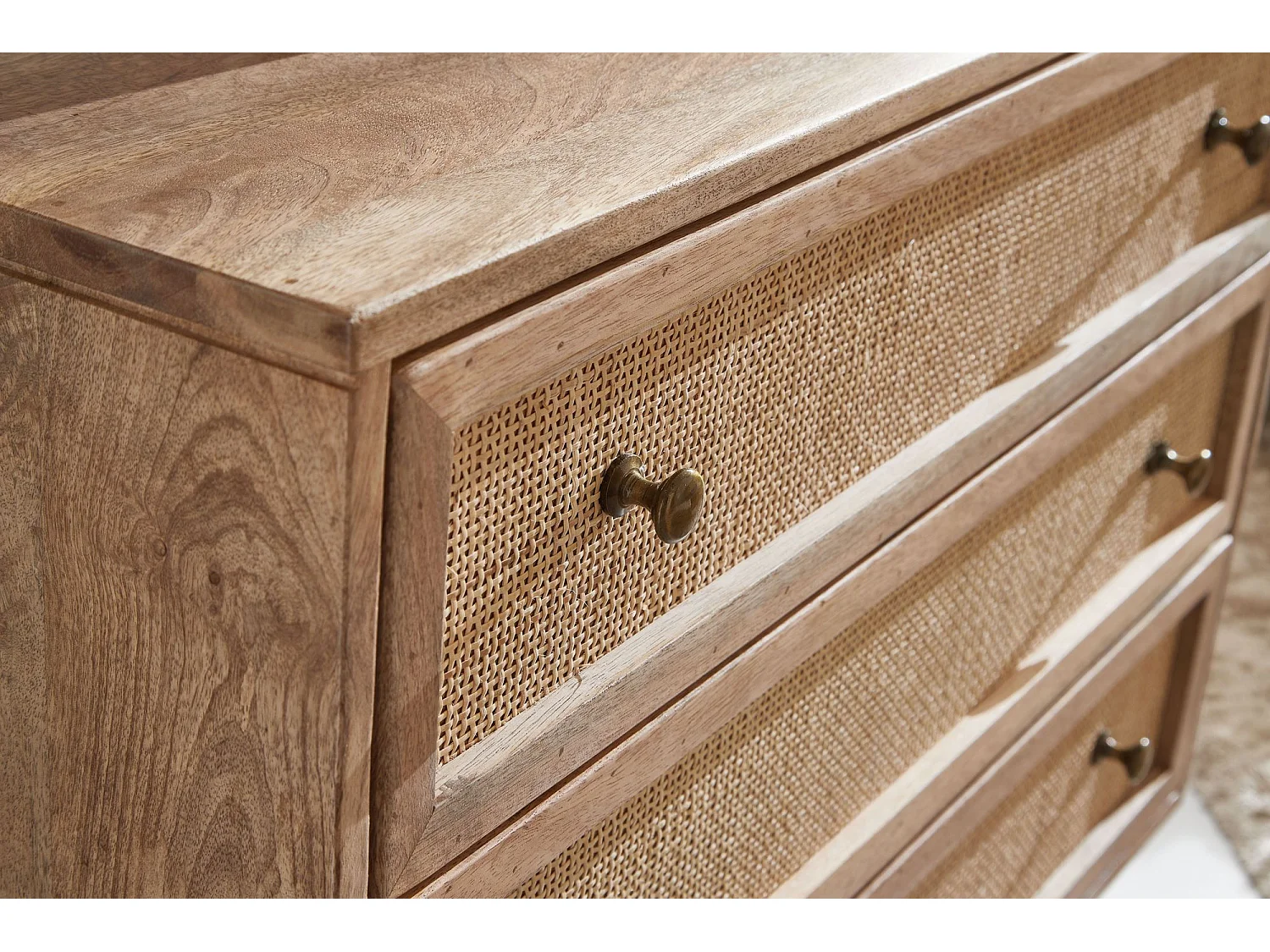 Sideboard 80x75x40 cm Mango Massivholz Rattan Anrichte Kommode 3 Schübe