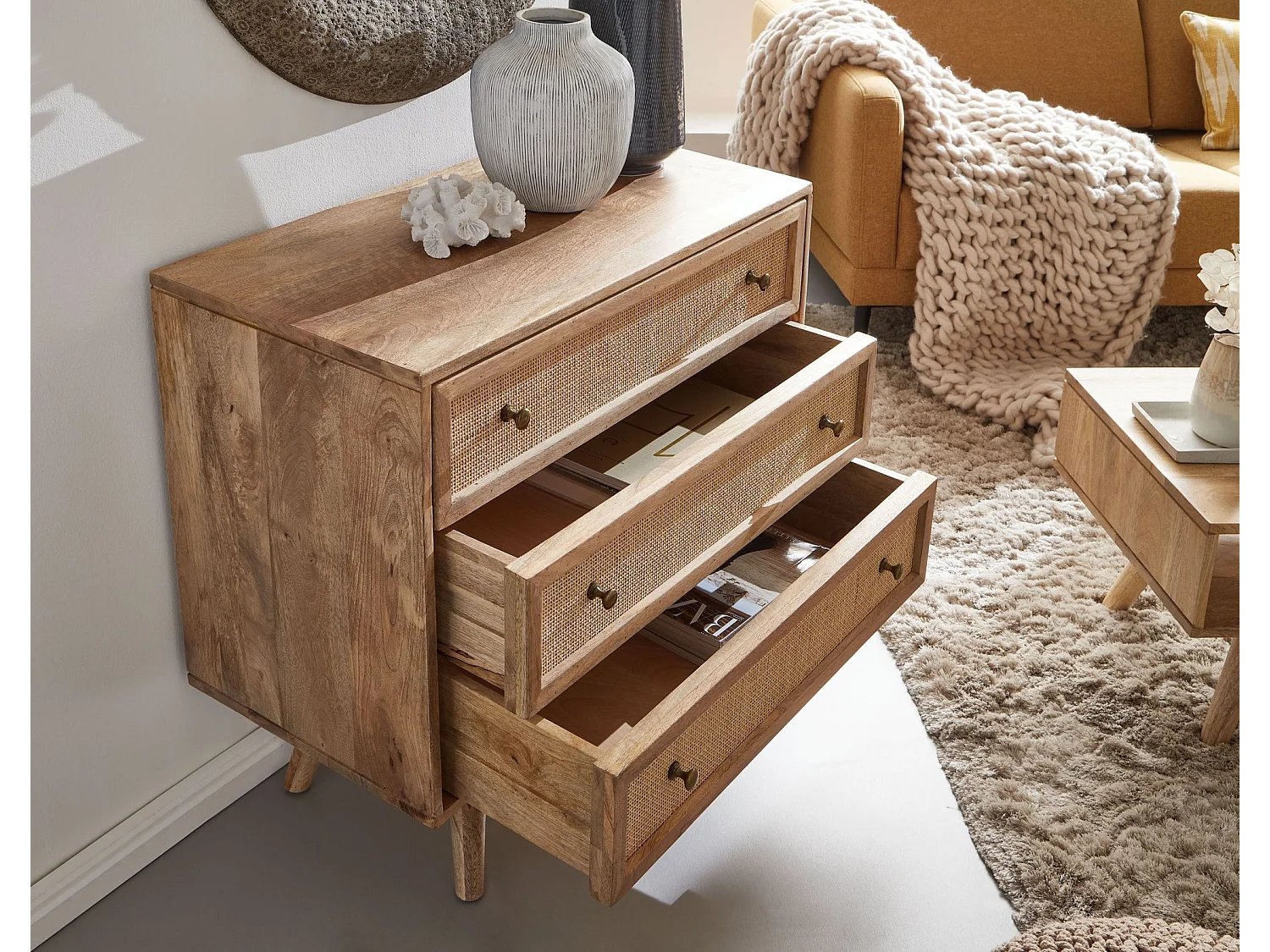 Sideboard 80x75x40 cm Mango Massivholz Rattan Anrichte Kommode 3 Schübe