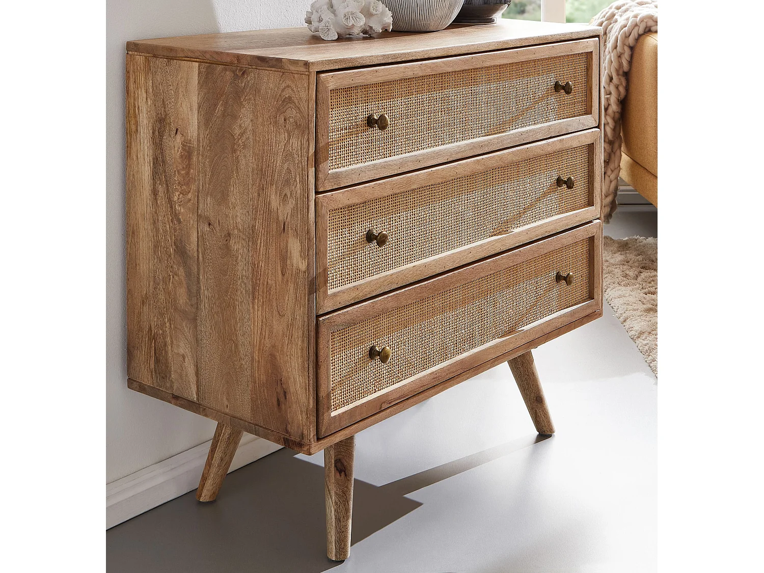 Sideboard 80x75x40 cm Mango Massivholz Rattan Anrichte Kommode 3 Schübe