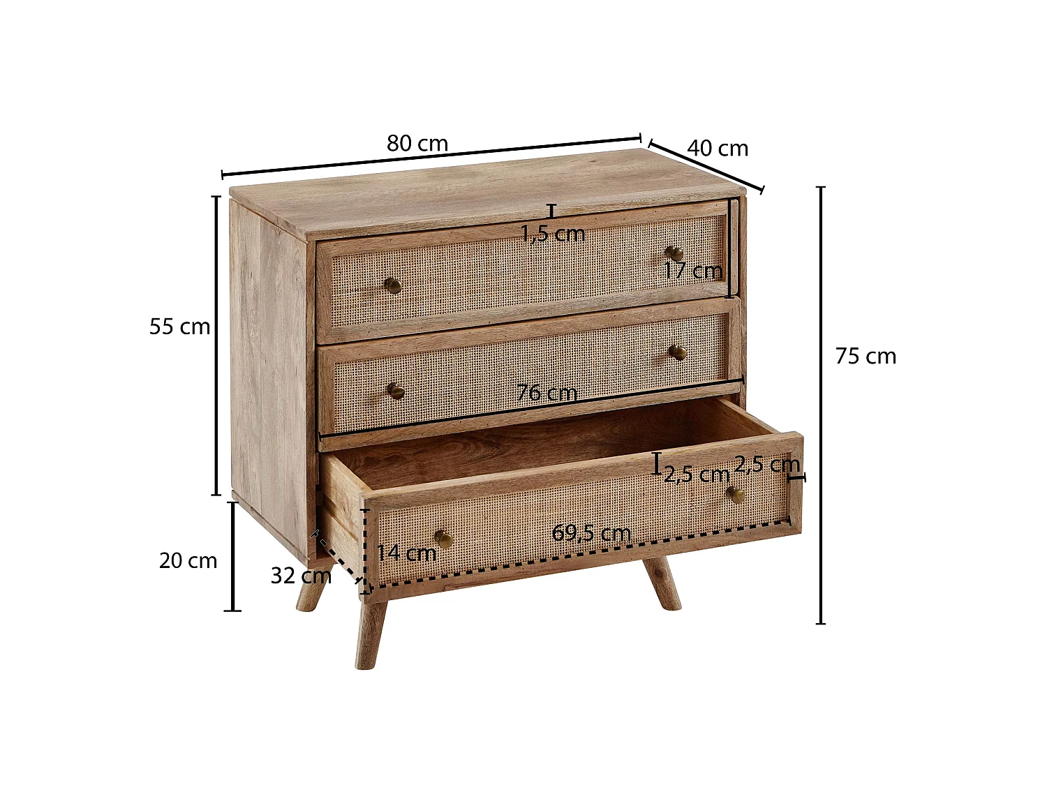 Sideboard 80x75x40 cm Mango Massivholz Rattan Anrichte Kommode 3 Schübe