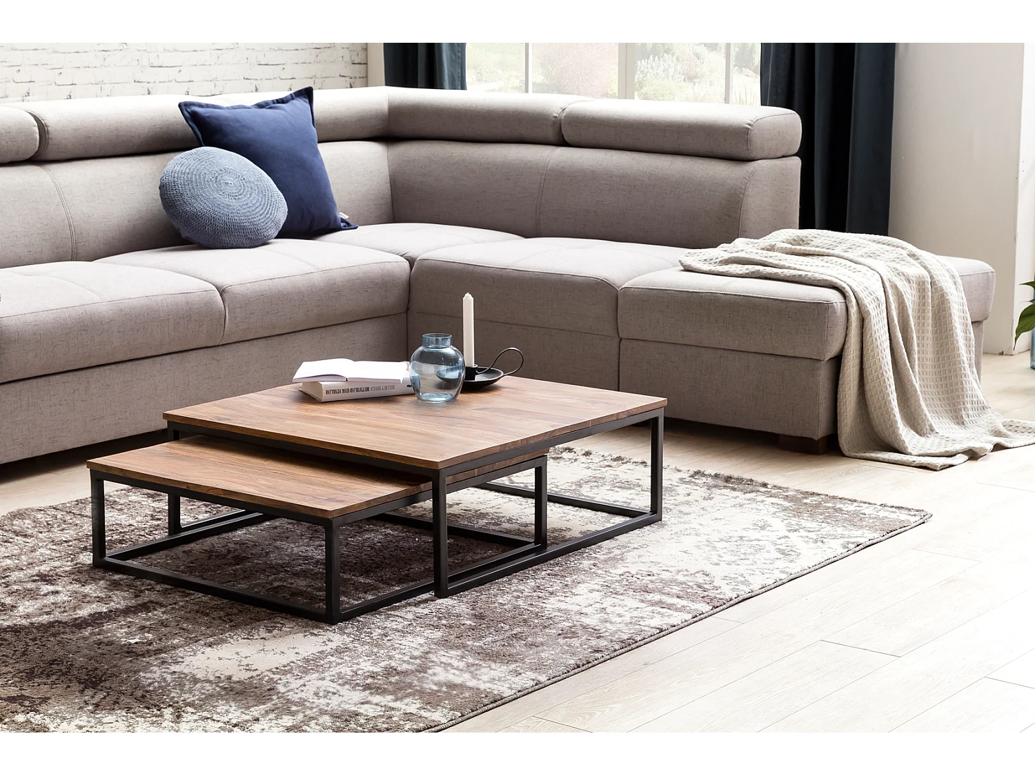 Couchtisch 2 teilig Massivholz Wohnzimmertisch Sheesham Lounge Tisch 75 x 75 cm