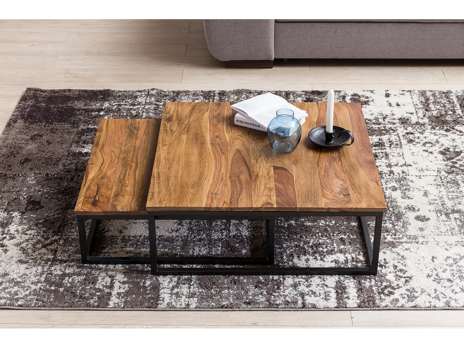 Couchtisch 2 teilig Massivholz Wohnzimmertisch Sheesham Lounge Tisch 75 x 75 cm