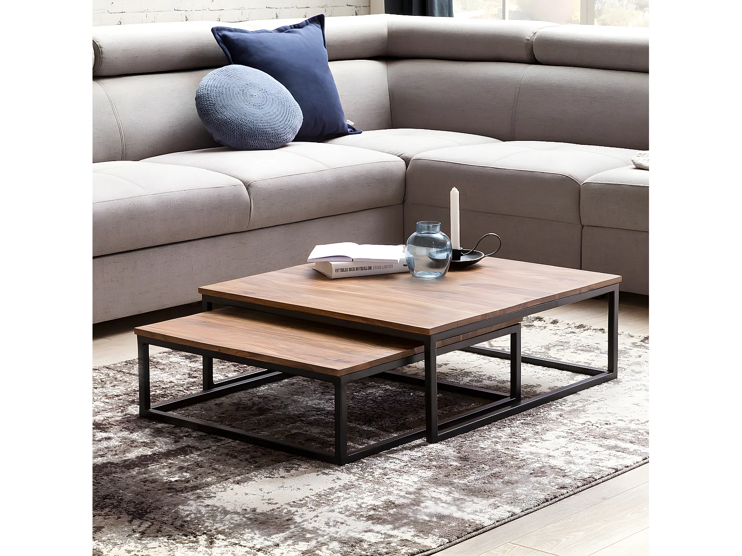 Couchtisch 2 teilig Massivholz Wohnzimmertisch Sheesham Lounge Tisch 75 x 75 cm