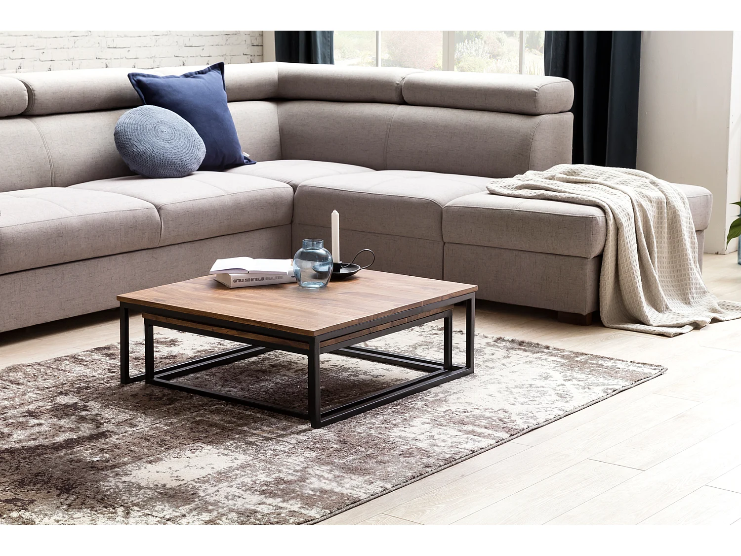 Couchtisch 2 teilig Massivholz Wohnzimmertisch Sheesham Lounge Tisch 75 x 75 cm