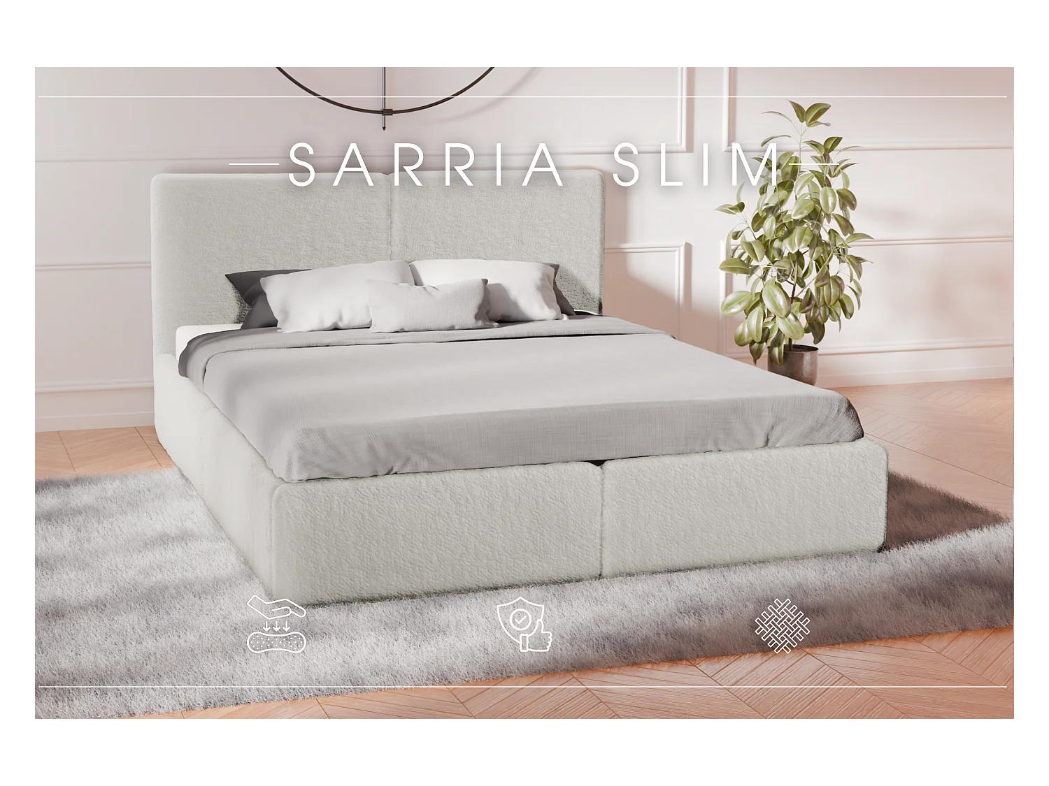 LIT TAPISSÉ avec coffre de rangement Sarria Slim Crème (Anthology 01) 160x200 cm