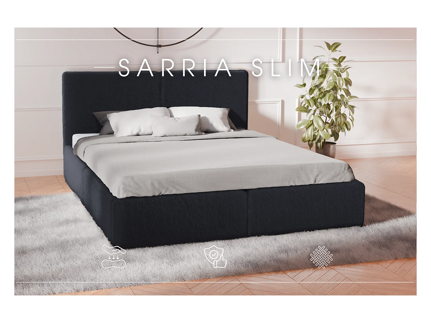 LIT TAPISSÉ avec coffre de rangement Sarria Slim Noir (Anthology 19) 120x200 cm