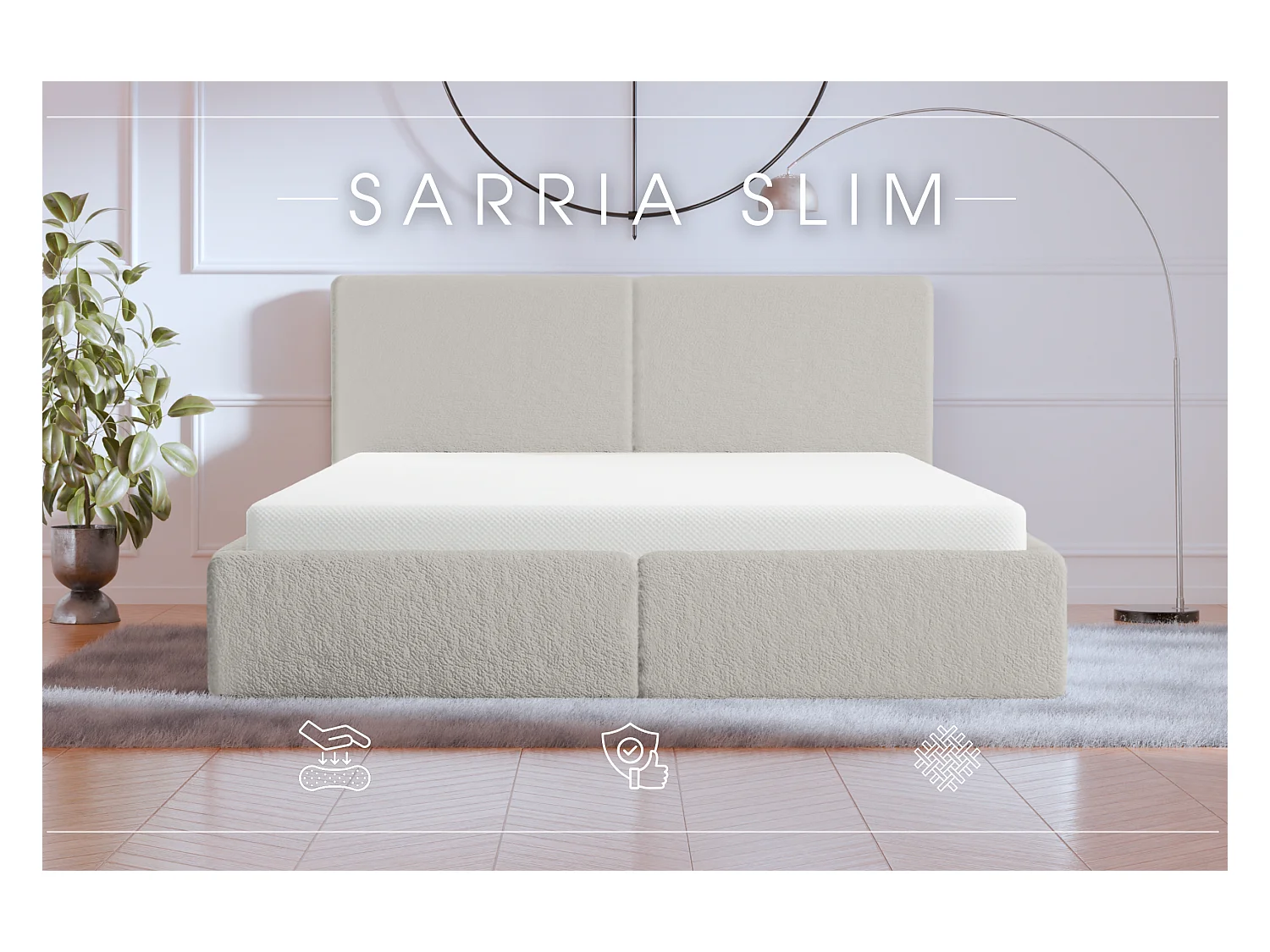 LIT TAPISSÉ avec coffre de rangement Sarria Slim Crème (Anthology 01) 140x200 cm