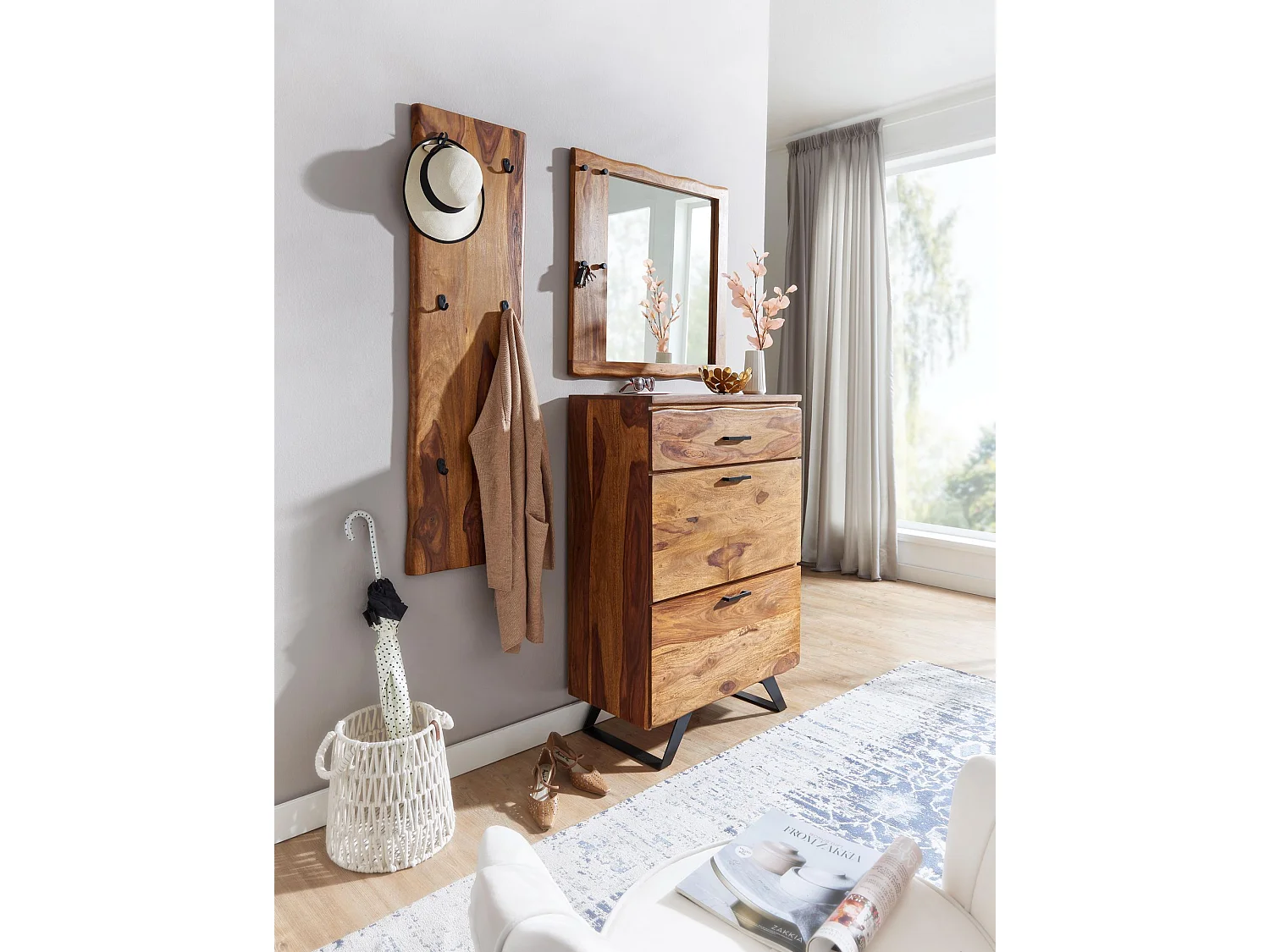 Garderoben Set Holz Massiv Wandgarderobe Kommode Flurgarderobe Spiegel