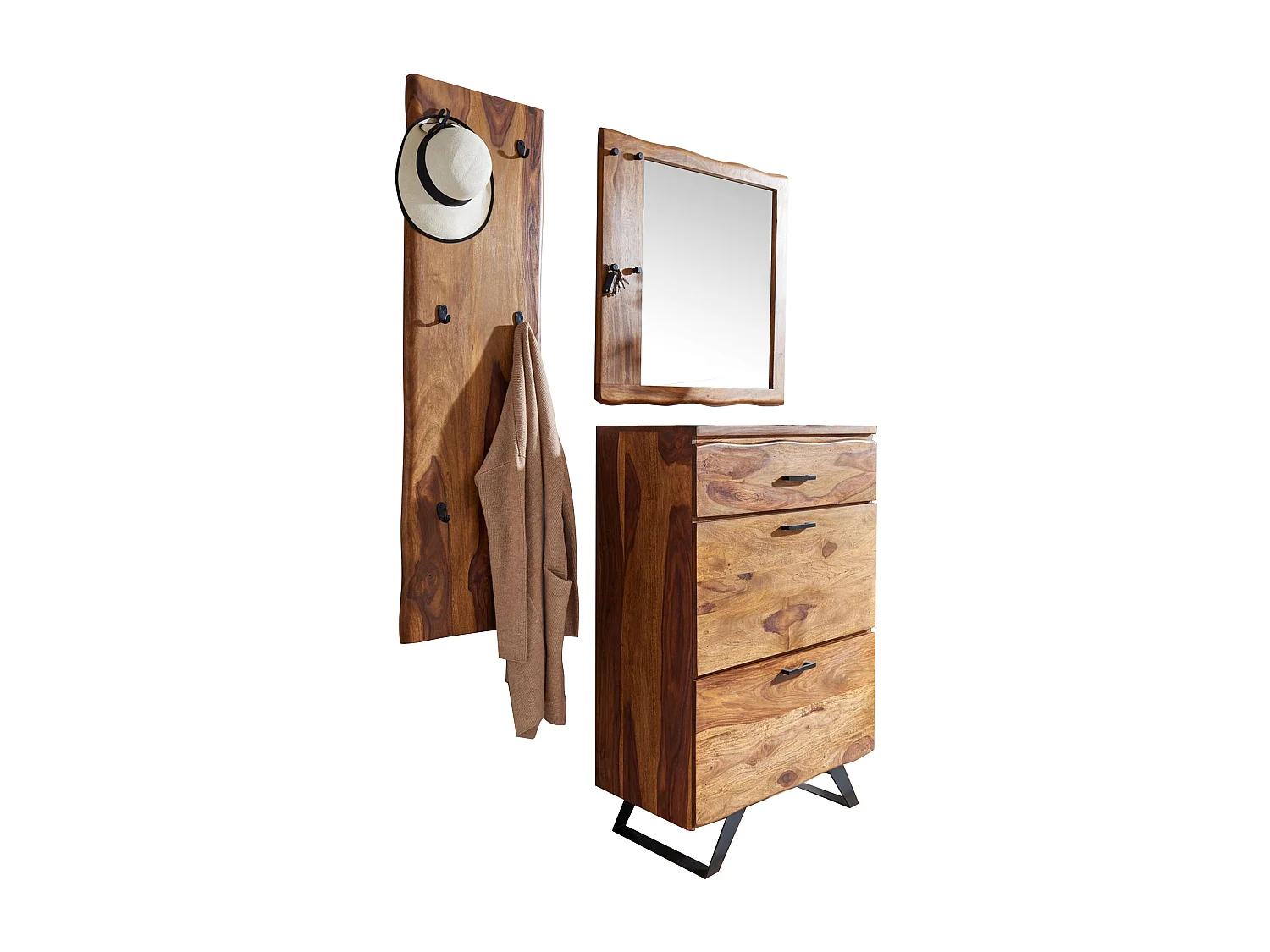 Garderoben Set Holz Massiv Wandgarderobe Kommode Flurgarderobe Spiegel