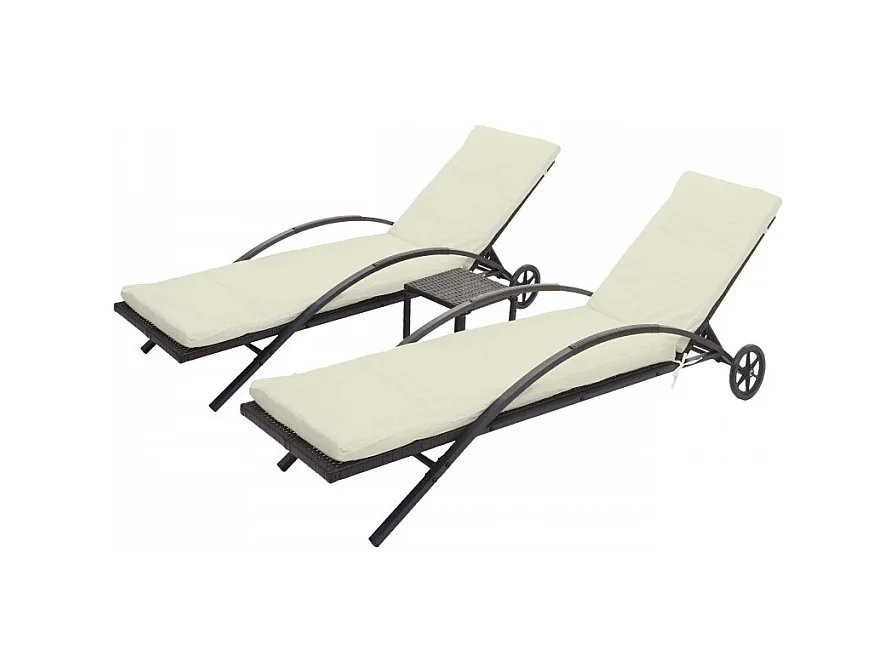 2x Chaises longues HWC-E27 en polyrotin - brun, coussins crème-beige