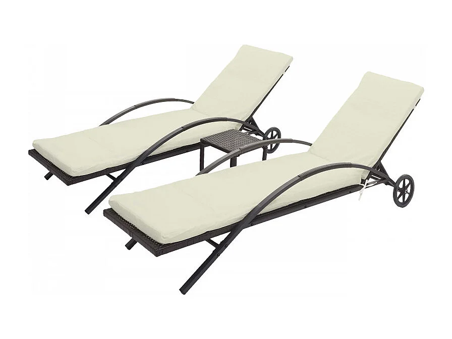 2x Chaises longues HWC-E27 en polyrotin - brun, coussins crème-beige