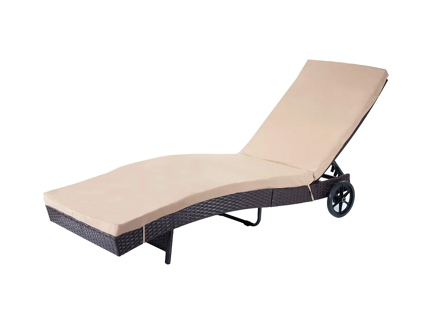 Chaise longue HWC-D80 en polyrotin - marron, coussin beige