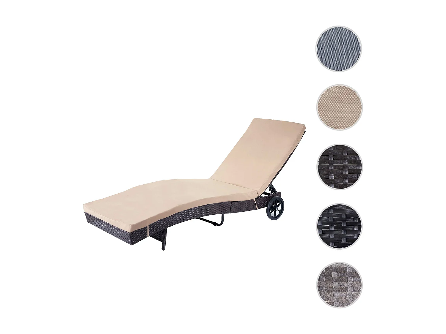 Chaise longue HWC-D80 en polyrotin - marron, coussin beige