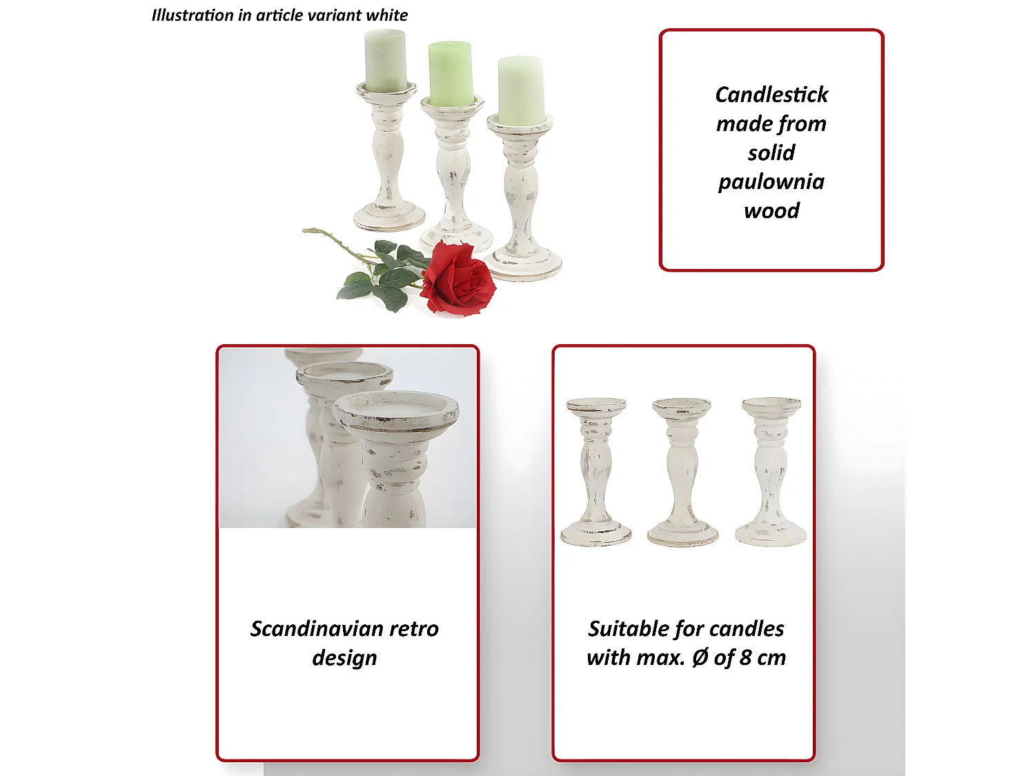 Bougeoir candélabre T361, romantique, 3 parties, style shabby, hauteur 24cm - blanc