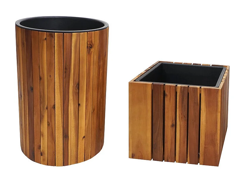 Lot de 2 jardinières HWC-L24 - pot de plantes pot de fleurs jardinière - ronde carrée Outdoor acacia bois MVG marron