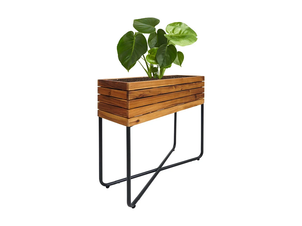 Jardinière HWC-L25 - bac à fleurs - rectangulaire 60x62x22cm Outdoor acier acacia bois certifié MVG - brun