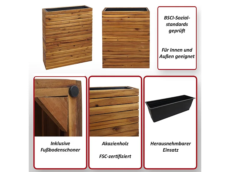 Jardinière HWC-L21 - bac à plantes surélevé Pot de fleurs - carré 77x63x23cm Outdoor Acacia bois certifié MVG - brun