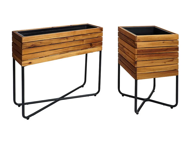 Lot de 2 bacs à fleurs HWC-L25 - bac à fleurs - rectangulaire carré Outdoor acier acacia bois certifié MVG - brun