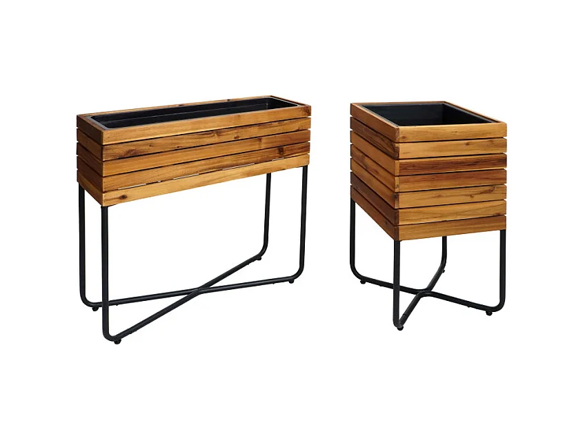 Lot de 2 bacs à fleurs HWC-L25 - bac à fleurs - rectangulaire carré Outdoor acier acacia bois certifié MVG - brun