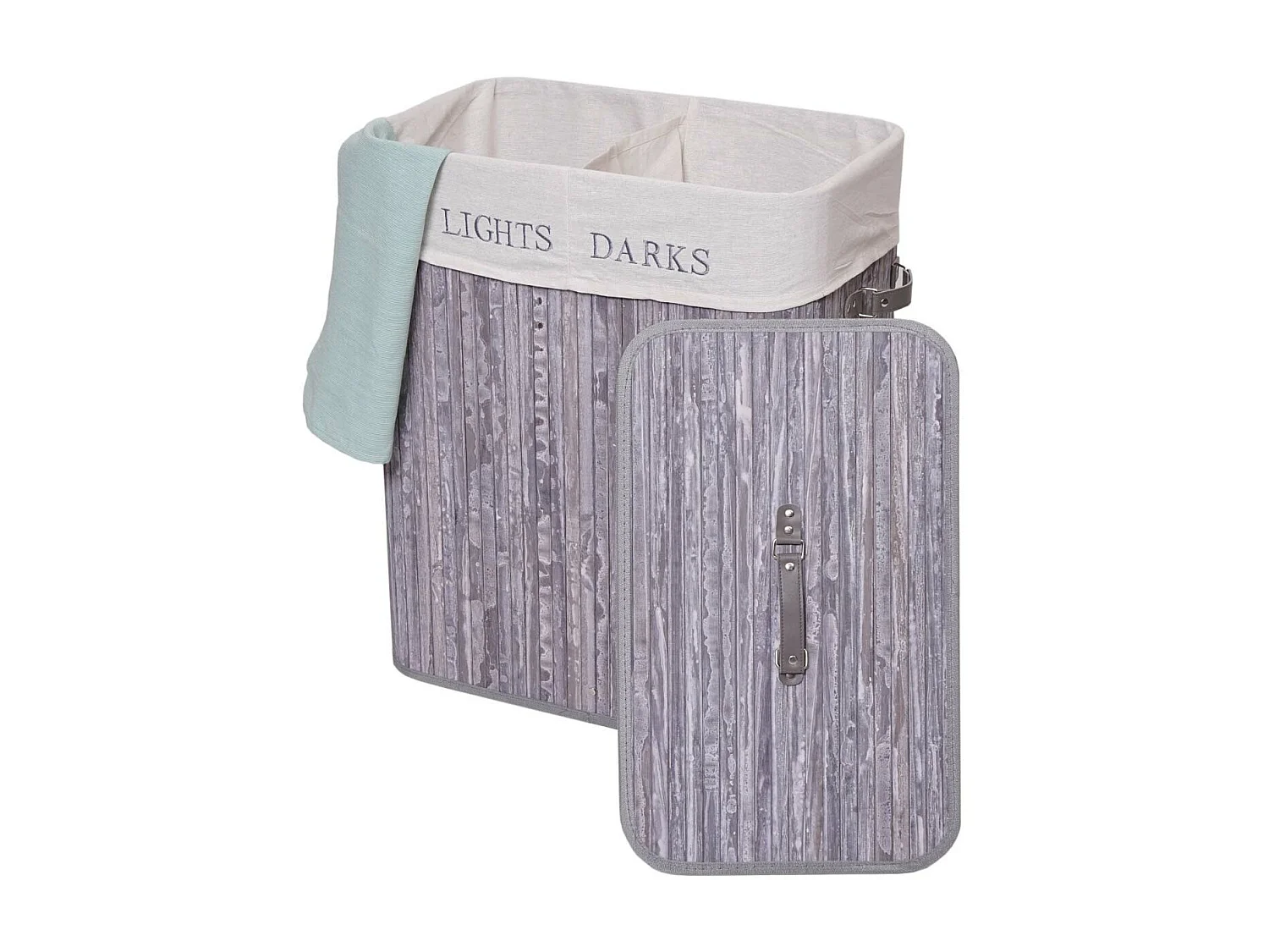 Panier à linge HWC-C21, bac à linge, collecteur, bambou, 2 compartiments 63x55x34cm 100l - gris-bleu