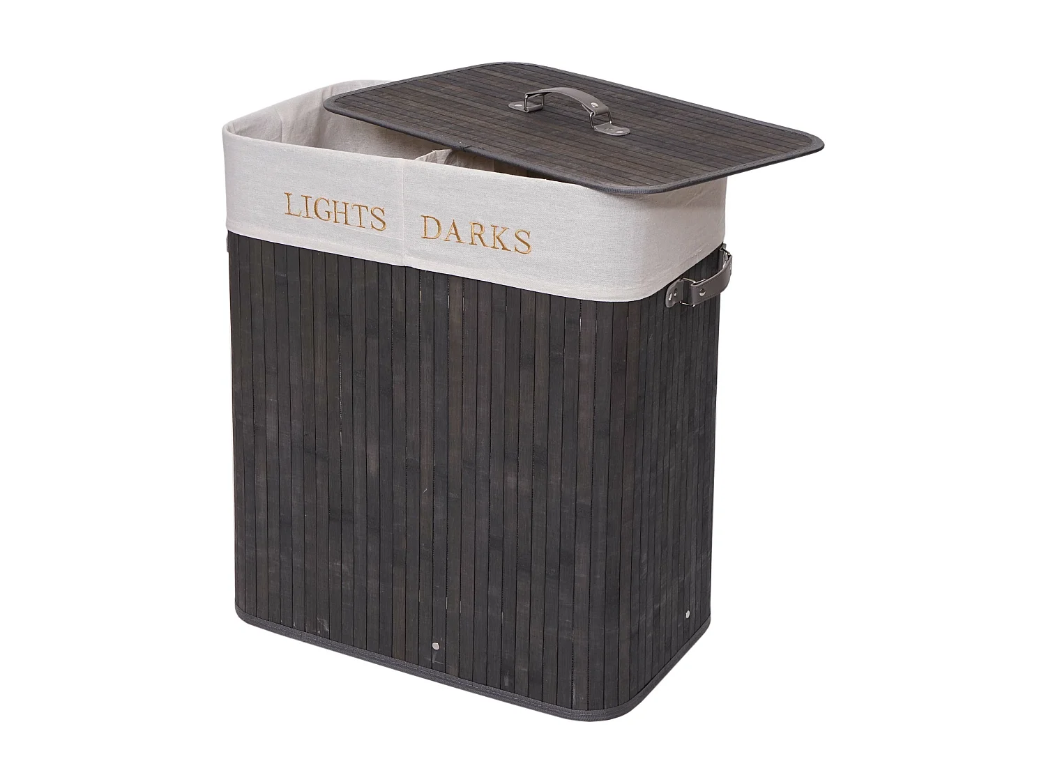 Panier à linge HWC-C21, bac à linge, bambou, 2 compartiments 63x55x34cm 100l - gris foncé