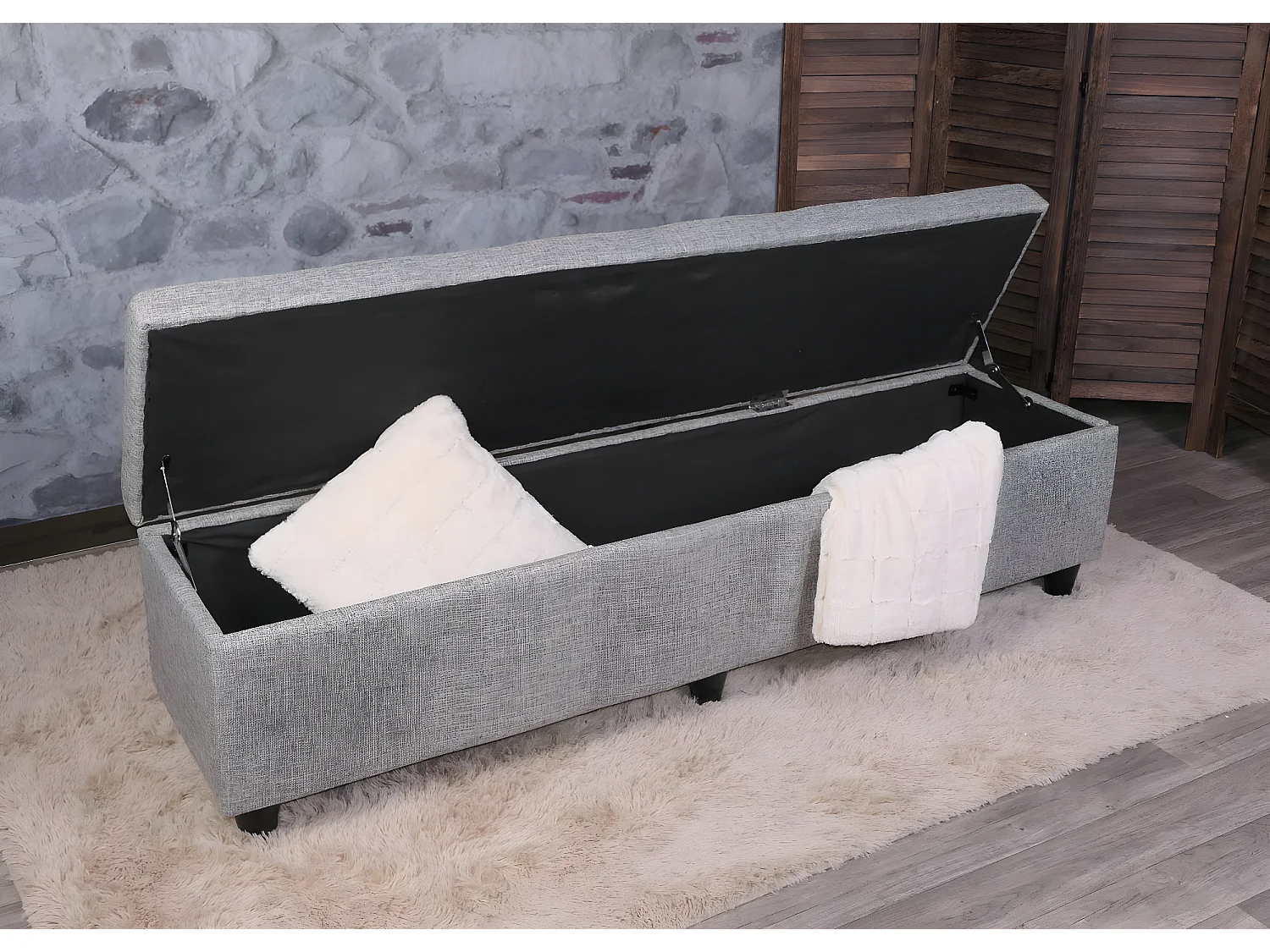 Banc banquette coffre de rangement Kriens XXL, 180x45x45cm, tissu, gris