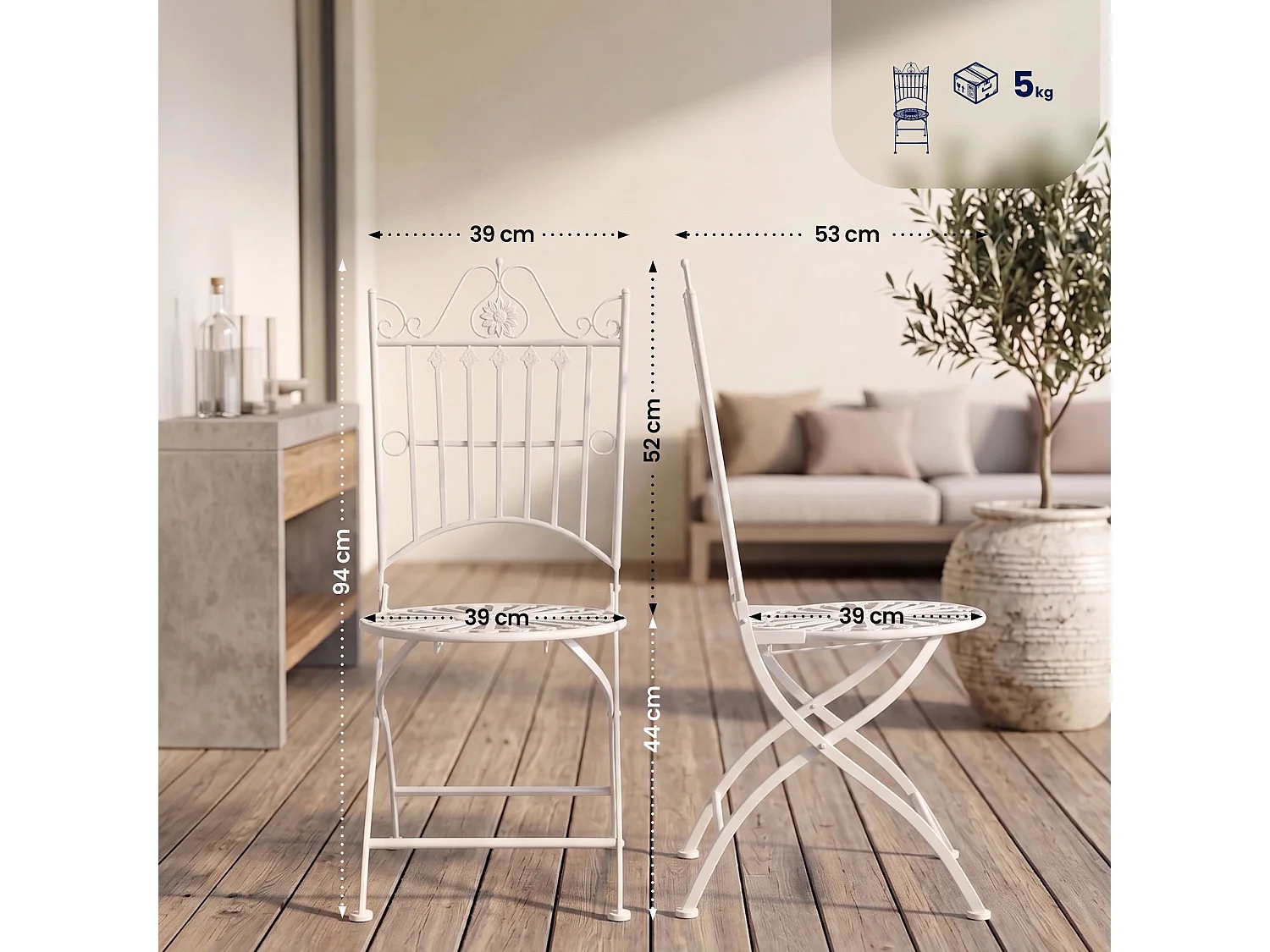 Lot de 2  Chaises de jardin - Métal - Blanc - Sadao