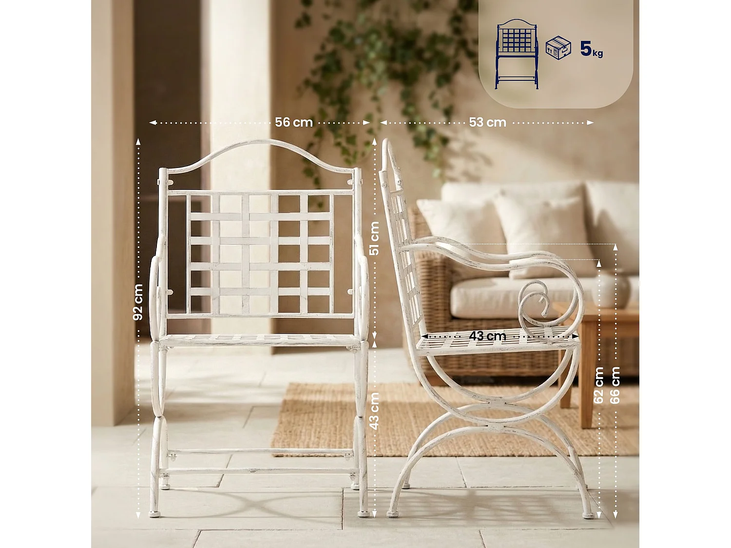 Lot de 4  Chaises de jardin - Métal - Blanc antique - Lotta