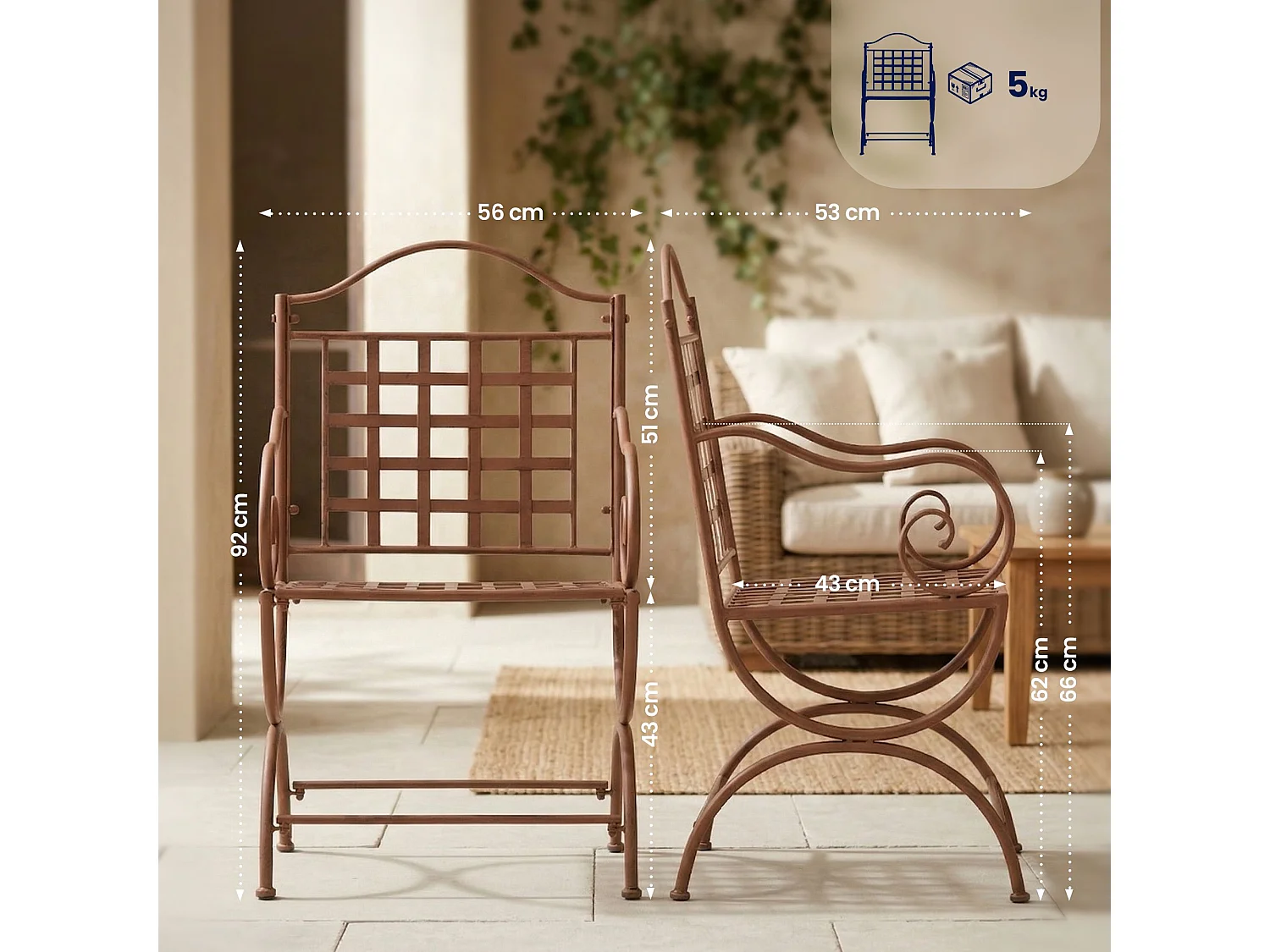 Lot de 4  Chaises de jardin - Métal - Marron antique - Lotta